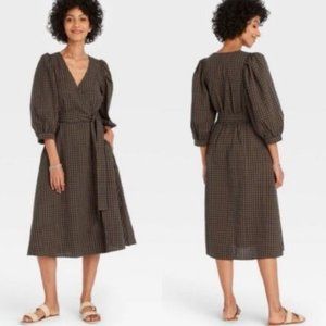A New Day Dress Wrap Seersucker Olive Green Blue Gingham Plaid Boho Womens XS